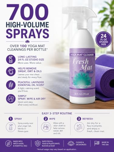 Fresh Mat Yoga Mat Cleaner Spray - Natural Deodorizing Cleaner for Yoga Mats & Fitness Equipment - No-Rinse, Residue-Free Formula with Witch Hazel & Essential Oil, Peaceful Lavender (24 fl oz). - size: 24 Fl Oz (Pack of 1)