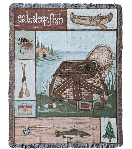 Go Fishing Camping Woven Tapestry Throw Blanket 50 X 60 Inches | Wall Hanging Art, Handicrafts Jacquard, Multipurpose Soft Travel Mat, Outdoor, Fringe Tassels - color: Camping