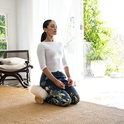 Meditation Bench Luxury Genuine Sheepskin Seat Cover meditate deeper & longer in pure comfort - mindful prayer kneeler - unique ergonomic design supports back and knees to bring health & wellbeing