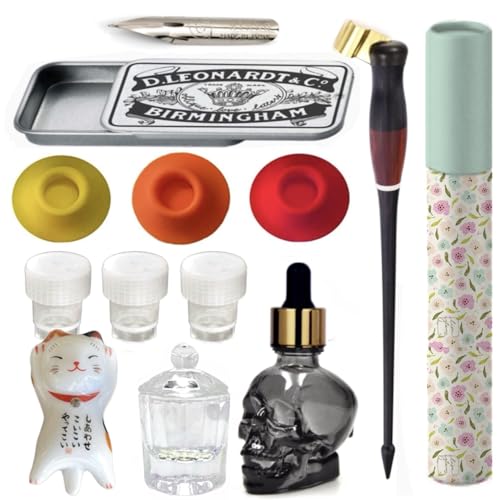 Oblique Calligraphy Pen Set with Moon Palace Sumi Ink: Copperplate Pen, Glass Inkwell, Dip Pen Ink Well, Nikko G Nib, Pen Rest, Nib Tin Organizer - Perfect for Calligraphy Enthusiasts - style: Oblique Pen Set w/ Cat Rest