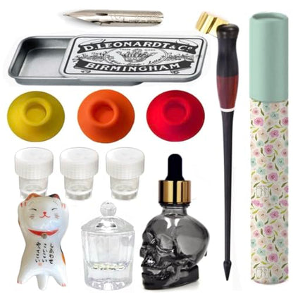 Oblique Calligraphy Pen Set with Moon Palace Sumi Ink: Copperplate Pen, Glass Inkwell, Dip Pen Ink Well, Nikko G Nib, Pen Rest, Nib Tin Organizer - Perfect for Calligraphy Enthusiasts - style: Oblique Pen Set w/ Cat Rest