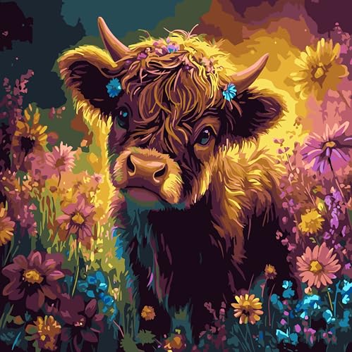 OJTOYART Highland Cattle Paint by Numbers Kit for Adults Beginners, Chrysanthemum Paint by Number Kits on Canvas, DIY Acrylic Oil Painting Kits for Home Wall Decor 16 x16 Inch - color: MT22784