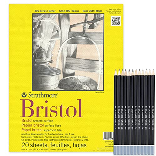Strathmore Bristol Paper Smooth Pad, 9"x12" Tape Bound, 20 Sheets,100 lb,Bristol Sketchbook Art Paper Smooth Finish for Drawing and Painting with 12 Graphite Pencil Set