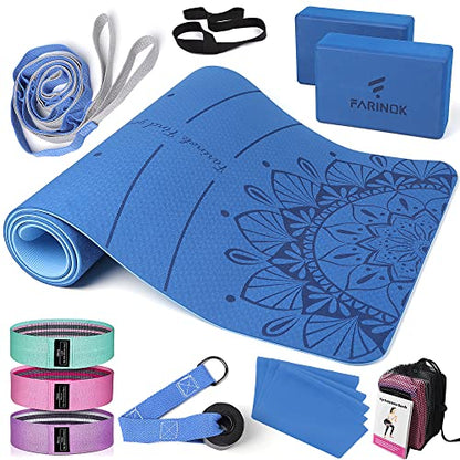 1/3 Yoga Mat Thick, Yoga Set for Beginners | Include High Density Mat with Multi-loops Strap, Blocks, Booty Resistance Band Set, Door Anchor, Carring Bag & Strap - color: LIGHT BLUE