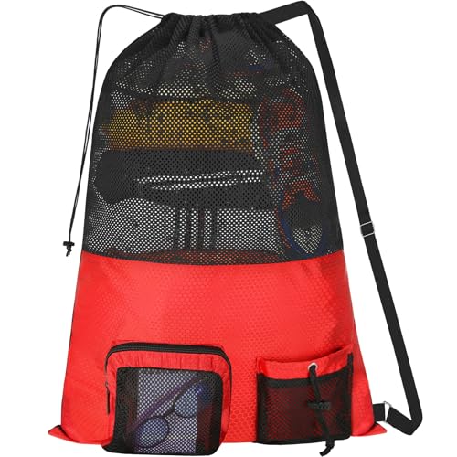 NATURAL STYLE Mesh Drawstring Gym Swim Beach bag, Large Waterproof Pool Sports Backpack for Swimming Gear Workout Yoga Travel - color: Red