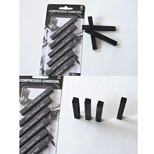 Artist Compressed Charcoal Sticks for Sketching, Drawing, Shading, Soft, Medium, Hard, Art Supplies Sketch Kits Tools, 6-Piece Boxed