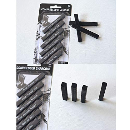 Artist Compressed Charcoal Sticks for Sketching, Drawing, Shading, Soft, Medium, Hard, Art Supplies Sketch Kits Tools, 6-Piece Boxed
