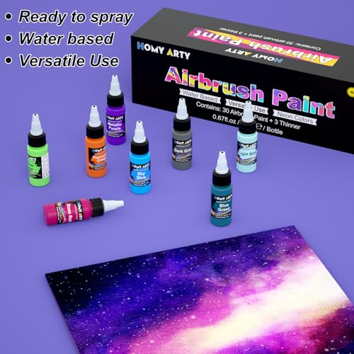 HOMY ARTY Airbrush Paint - 30 Colors with 3 Thinner | Ready to Spray Airbrush Paint Set, Water-Based Acrylic Air Brush Paints for Metal, Plastic Models, Canvas, Wood - 33 Bottles - color: 30 Colors with 3 Thinner