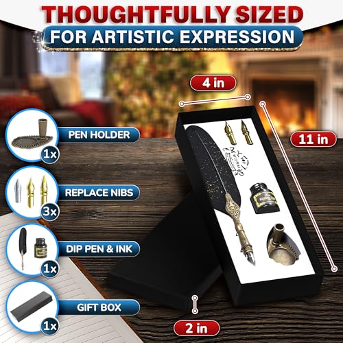 Feather Pen and Ink Set, 8 Pcs, 2 Extra Nibs, Inkwell, Stand (Black) | Vintage Feather Quill Pen and Ink Set; Stainless Steel Nib; Elegant Gift Box; for Calligraphy Beginners, Authors & Writers - color: Black