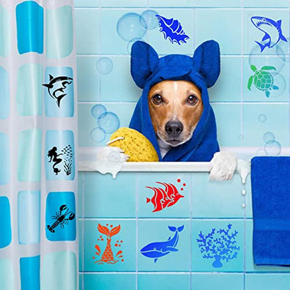 80 Pcs 4 x 4 Inch Stencils for Painting on Wood, Reusable Sea Ocean Creatures Mermaid Dolphin Shark Plastic Stencils DIY Craft Paint Template Set for Wall Home Decor - style: Ocean