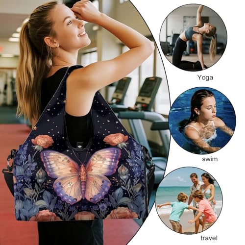 Gym Bag with Yoga Mat Holder Large Tote Bag With Multi Pockets for Women Men Dry Wet Separated Pocket Carryall Yoga Tote Bag for Pilates Travel Workout Office - color: Pink Butterfly