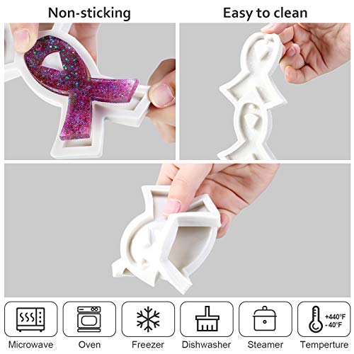 WILLBOND 6 Pcs Breast Cancer Awareness Ribbon Silicone Keychain Mold | Mold with Holes and 10 Pcs Key Rings for DIY Necklace Pendant Earrings Clay Craft Fondant Chocolate Candy