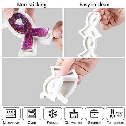 WILLBOND 6 Pcs Breast Cancer Awareness Ribbon Silicone Keychain Mold | Mold with Holes and 10 Pcs Key Rings for DIY Necklace Pendant Earrings Clay Craft Fondant Chocolate Candy