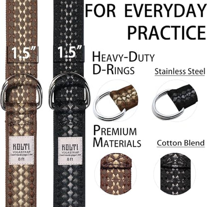 Yoga Exercise Adjustable Straps 8FT with Durable D-Ring for Pilates & Gym Workouts | Hold Poses, Stretch, Improve Flexibility & Maintain Balance - color: Brown&Black