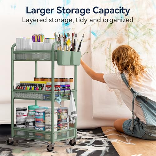 YASONIC 3 Tier Metal Rolling Cart, Green Utility Storage Cart with Wheels - color: Green, size: 3-tier