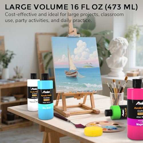 ABEIER Large Bulk Acrylic Paint Set, 15 x 16 fl oz, Non-Toxic | Matte finish, rich pigments, thick consistency, smooth blending, waterproof when dry, palette knife and sponge included - color: 15 Colors