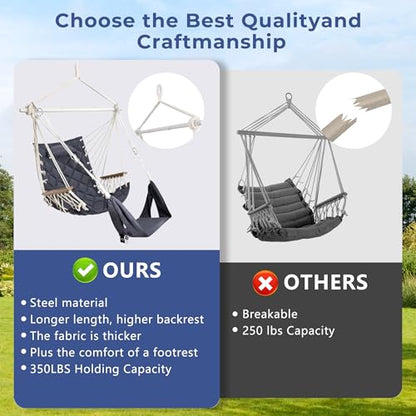 Hammock Chair Hanging Swing,with Footrest&Wooden Armrest;Dark Grey | Steel Spreader Bar, Headrest Piillows,Quilted Fabric for Porch/Garden/Outdoor/Indoor,Upto350lbs