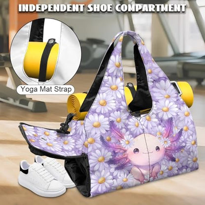 Gym Bag with Yoga Mat Holder Large Tote Bag With Multi Pockets for Women Men Dry Wet Separated Pocket Carryall Yoga Tote Bag for Pilates Travel Workout Office - color: Pink Axolotl