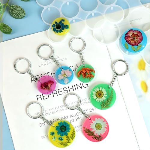 Resin Keychain Molds with Hole, Set of Round Keychain Casting Molds | 21-Cavity 1.87" and 1.37" Circle Keychain Silicone Molds with 21Pcs Key Rings for Epoxy Resin Pendant Christmas Ornaments - color: Round Resin Pandant Molds