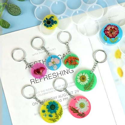 Resin Keychain Molds with Hole, Set of Round Keychain Casting Molds | 21-Cavity 1.87" and 1.37" Circle Keychain Silicone Molds with 21Pcs Key Rings for Epoxy Resin Pendant Christmas Ornaments - color: Round Resin Pandant Molds