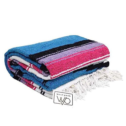 Open Road Goods Mexican Diamond Blanket - XL Heavyweight Yoga Blanket – Handmade in Mexico - Thick Boho Serape Saltillo Style Throw for Beach, Picnic, Home, Camping and More! (Aegean Blue & Pink) - color: Aegean Blue & Pink