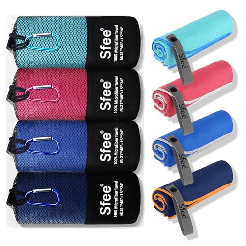 Sfee 4 Pack(8Pcs) Microfiber Travel Towel, Quick Dry Towel Camping Towel Super Absorbent Compact Lightweight Sports Towel Swim Gym Beach Towels Set for Gym, Hiking, Pool, Backpacking, Bath, Yoga - color: Dblue+nblue+mint+hpink, size: M 48"x21"+24"x15"
