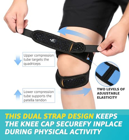 HiRui Dual Patella Knee Straps, Knee Brace Patella Stabilizer for Knee Pain Relief Running Tennis Jumping Arthritis Tendonitis, Joint and Muscles Protection - Adjustable (Black) - color: Black