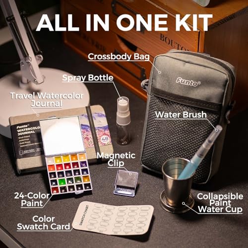 Funto Mini Watercolor Paint Set, All-in-One 24-Color Travel Paint Kit, with Crossbody Bag, Watercolor Journal, Paint Water Cup, Pocket Set for Artists - color: 24-Color Mirrorlike Set, style: Sporty Box