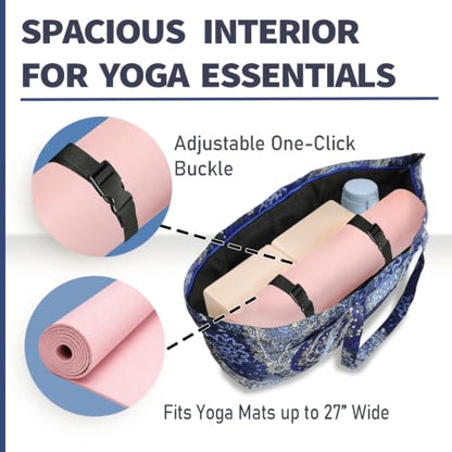 Yoga Mat Bag Yoga Tote Bag with Large Waterproof Zipper Pocket and Drawstring Pocket Yoga Mat Bag Carrier Fit Most Size Mats and All You Stuff - color: blue