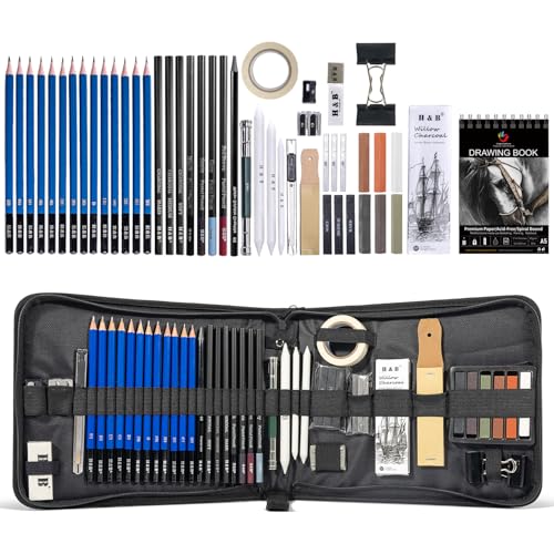 H & B 50PCS Drawing Sketch Pencils Art Supplies Kit with A5 Sketchbook | Pro Graphite, Charcoal Pencils & Pastel Kit, Travel Art Case Set, Ideal Drawing Set for Artists, Beginners and Adults