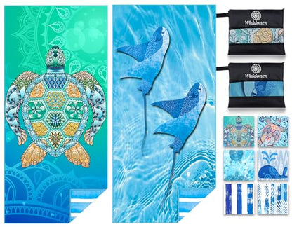 Widdonen Microfiber Beach Towel,Compact 2 Pack-71x32 Inch with Bag Travel - color: 2 Pack Turtle Fly Fish M