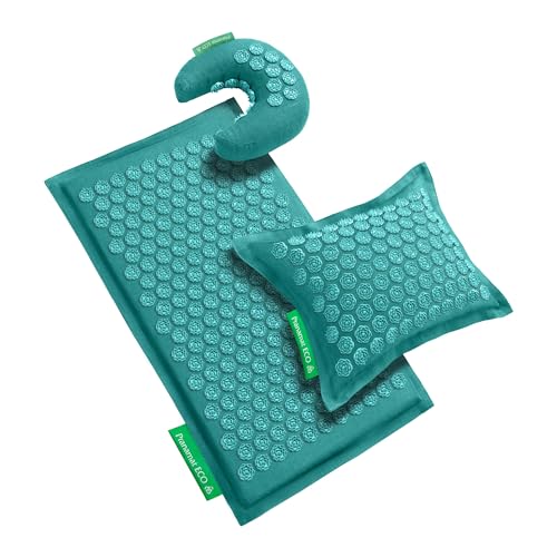 Pranamat Acupressure Large Mat with Regular & Moon Pillow Set, Premium Acupressure Therapy for Pain Relief and Relaxation, Handcrafted in Europe with Sustainable and Natural Materials (Azur) - color: Azur