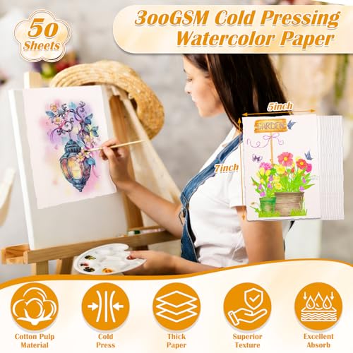 50 Sheets Deckled Edge Watercolor Paper 300GSM, 5 x 7inch Handmade Watercolor Paper Rough/Textured Cotton Paper, Cold Press Paper for Watercolors, Sketching, Wedding Invitations, Cards, Craft