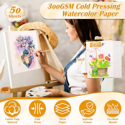 50 Sheets Deckled Edge Watercolor Paper 300GSM, 5 x 7inch Handmade Watercolor Paper Rough/Textured Cotton Paper, Cold Press Paper for Watercolors, Sketching, Wedding Invitations, Cards, Craft
