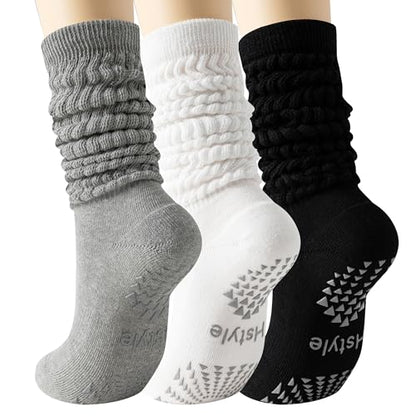 Hstyle Grip Pilates Socks for Women, Slouch Scrunch Yoga Barre Socks - color: White+black+grey