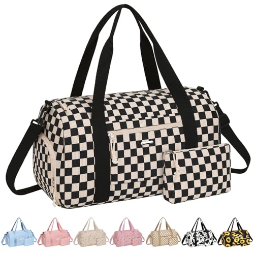 Vankor Gym Bag for Women, 17.5 inch Sports Duffle Bag with Shoe Compartment - color: Corduroy Checkered Black