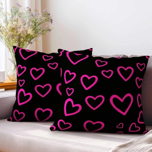 Heart Throw Pillow Covers 18x18 Set of 2 | Black and Pink Love Decorative Cushion Cases | Valentine's Day Pillowcases for Sofa Couch Bed Bedroom Living Room Home Decor - color: Neon Heart