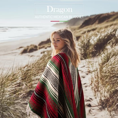 Hydration Nation Authentic Large Handwoven Mexican Blanket - Soft Yoga- Durable Serape- Lightweight Falsa, Beach, Camping, Picnic, Outdoor Blanket 70"x50" - Dragon - color: Dragon