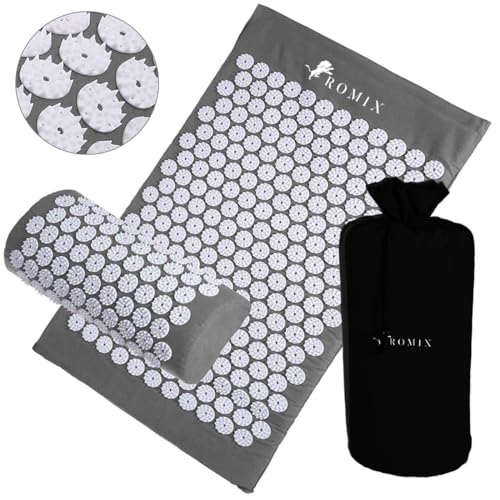ROMIX Acupressure Mat and Pillow Set, Acupuncture Mat for Back Pain, Neck, Shoulder Pain Relief, Stress Reduction, Wellness Therapy, Cushioned Acupressure Mats with Carry Bag for Men and Women - color: Grey