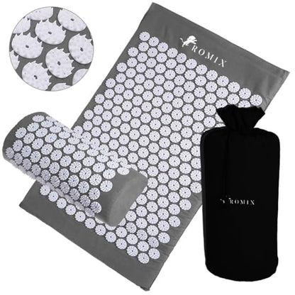 ROMIX Acupressure Mat And Pillow Set, Back Neck And Shoulder Pain Relief | Stress Reduction, Muscle Relaxation, Wellness Therapy, Carry Bag, For Men And Women, Home Use, Acupuncture Mat Set - color: Grey