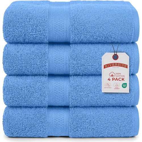 RIVERSIDE 4 Pack Luxury Large Bath Towels, 27x54 Inches, 600 GSM, M-Blue | 100% Cotton, Larger & Lightweight Towels for Shower & Bathroom, Highly Absorbent & Quick-Dry, Perfect for Daily Use - color: Electric Blue, size: Bath Towels - 4 Pack