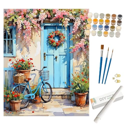 Vintage Bicycle Paint by Numbers Kit for Adults - DIY Blue Bike with Wreath Door and Pink Flowers Painting Rolled on Canvas 16x20 Inches, Acrylic Paint Set for Beginners, Art for Home Wall or Gifts - color: HSX00460, size: 16X20IN Rolled