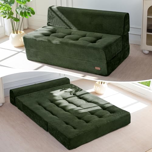 MAXYOYO Folding Sofa Bed, 8-Inch Fold-Out Chair Bed, Single | 2-in-1 Convertible Floor Sofa Couch, High-Density Foam Tufted Lounge Couch for Living Room Bedroom Dorm, Dark Green - color: Dark Green, size: Loveseat