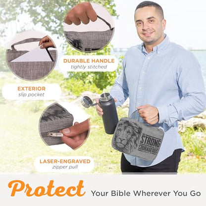 Christian Art Gifts Value Poly-Canvas Bible Cover for Men & Women: Strong & Courageous Bold Lion - Joshua 1:9 Inspirational Scripture with Pocket, Sleeves, Pen Loops, Gray, Medium - color: Gray/Be Strong, size: Medium