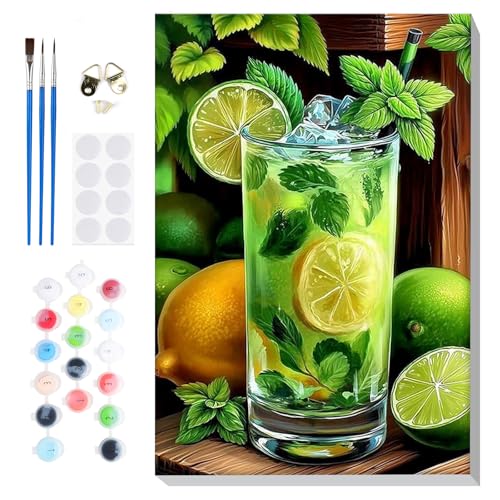 Bowetile Mojito Cocktail Paint by Numbers Kit for Adults, Framed Painting by Numbers Lemon, Adults' Paint-by-Number Kits on Canvas, Acrylic Number Painting Gifts for Home Wall Decor, 8x12in - color: Mojito Cocktail