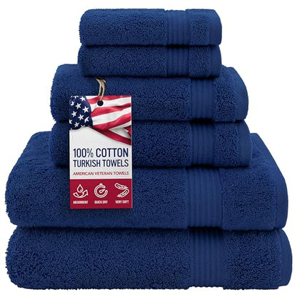 American Veteran 100% Cotton Turkish 6 Piece Luxury Towel Set - 2 Bath, 2 Hand, 2 Washcloths in Navy Blue - color: Navy Blue, size: XL 6PC