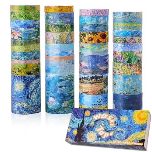 emmoolife 32 Rolls Washi Tape Set, Oil Painting Decorative Masking Tape, Van Gogh Adhesive Tape for Bullet Journal, DIY Crafts Gift, Party Decorations, Junk Journal, School Supplies - style: Oil Painting