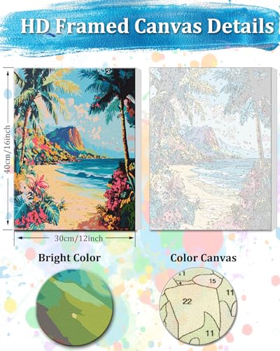 TOCARE Framed Paint by Numbers Kit for Adults, 12x16Inch Hawaii Beach Paint by Numbers with Frame, Palm Tree Seascape Adult Paint by Number Framed Canvas (Without Easel) - color: TC-F-345