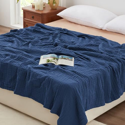 Love's cabin 100% Cotton Muslin Blanket, 6 Layer Lightweight Breathable Gauze Queen Size Blanket 90 x 90 Inches, Soft All Season Blanket for Bed, Dark Blue - color: Dark Blue, size: Queen(90"x90")