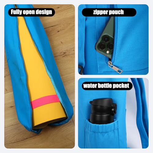 Cotton yoga mat bag with Pockets and Adjustable Strap - Full Zip Cargo Yoga Mat Carrier Bag - Bag for 1/4" 1/3" Thick Yoga Mat - color: Blue, size: XL